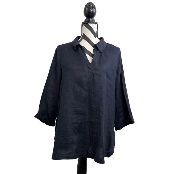 Isaac Mizrahi 100% Linen Black Minimalist Contemporary 3/4 Sleeve Tunic Top - Picture 1 of 14